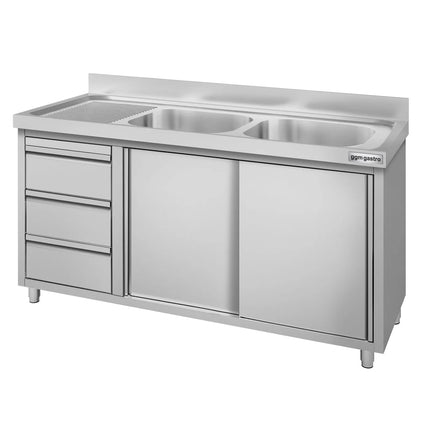 GGM Gastro Commercial Sink Cabinet ECO - 1400x600mm - 2 bowls right-hand - 3 drawers