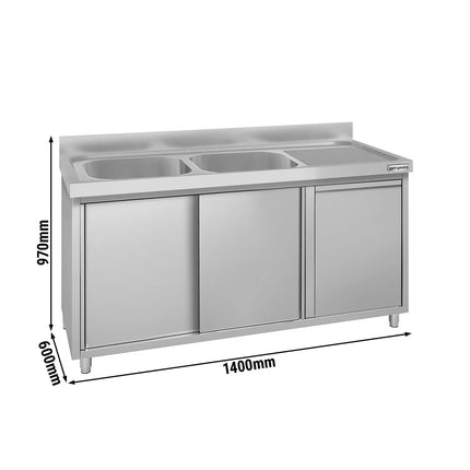 GGM Gastro Commercial Sink Cabinet ECO - 1400x600mm - with waste bin & 2 bowls left-hand