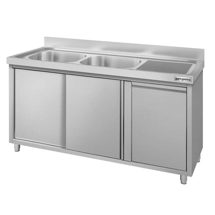 GGM Gastro Commercial Sink Cabinet ECO - 1400x600mm - with waste bin & 2 bowls left-hand