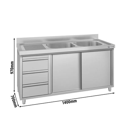 GGM Gastro Commercial Sink Cabinet ECO - 1400x700mm - 2 bowls right-hand - 3 drawers