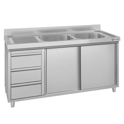 GGM Gastro Commercial Sink Cabinet ECO - 1400x700mm - 2 bowls right-hand - 3 drawers
