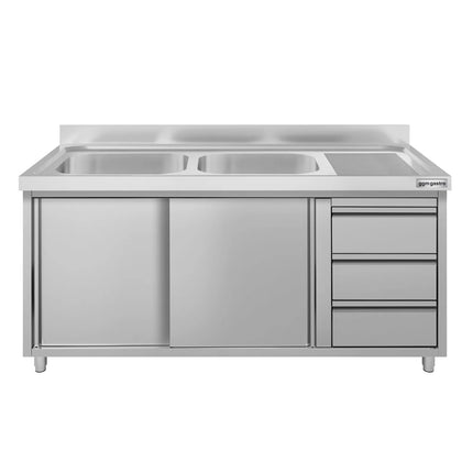 GGM Gastro Commercial Sink Cabinet ECO - 1400x700mm - with 2 bowls left-hand - 3 drawers