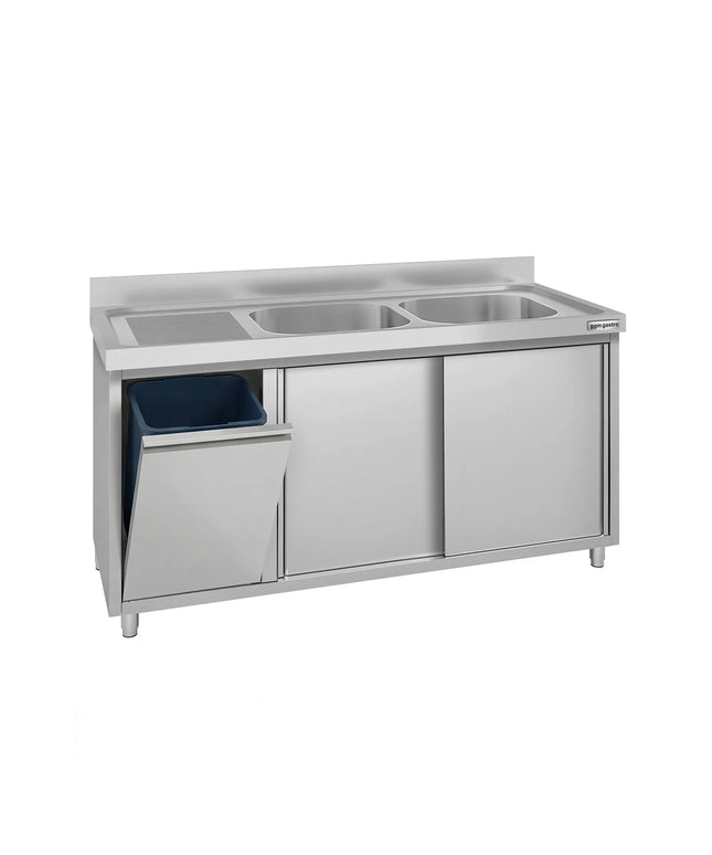 GGM Gastro Commercial Sink Cabinet ECO - 1400x700mm - with waste bin & 2 bowls centre