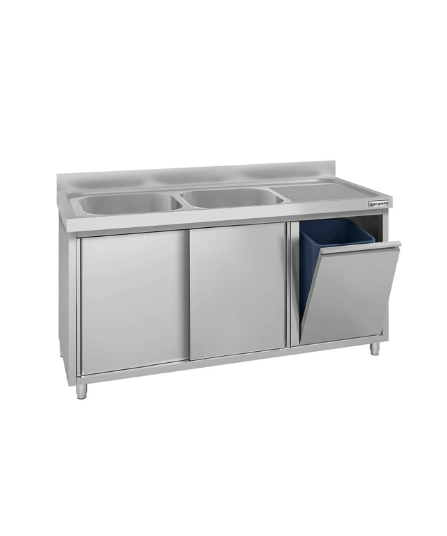 GGM Gastro Commercial Sink Cabinet ECO - 1400x700mm - with waste bin & 2 bowls left-hand