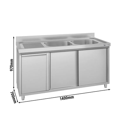 GGM Gastro Commercial Sink Cabinet ECO - 1400x700mm - with waste bin & 2 bowls centre