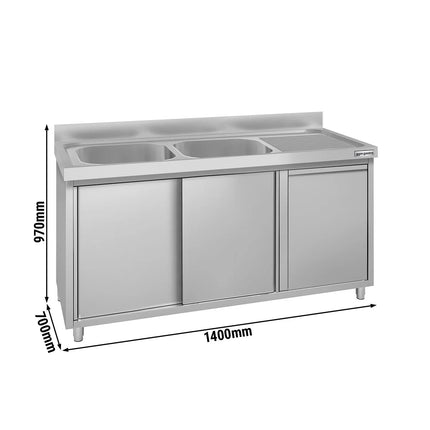 GGM Gastro Commercial Sink Cabinet ECO - 1400x700mm - with waste bin & 2 bowls left-hand