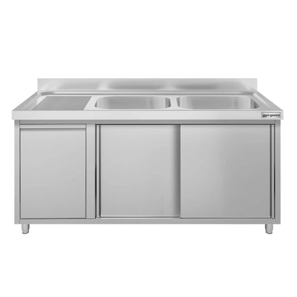 GGM Gastro Commercial Sink Cabinet ECO - 1400x700mm - with waste bin & 2 bowls centre