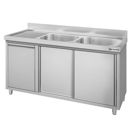 GGM Gastro Commercial Sink Cabinet ECO - 1400x700mm - with waste bin & 2 bowls centre