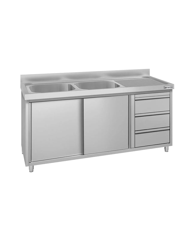 GGM Gastro Commercial Sink Cabinet ECO - 1600x600mm - 2 bowls left-hand - 3 drawers