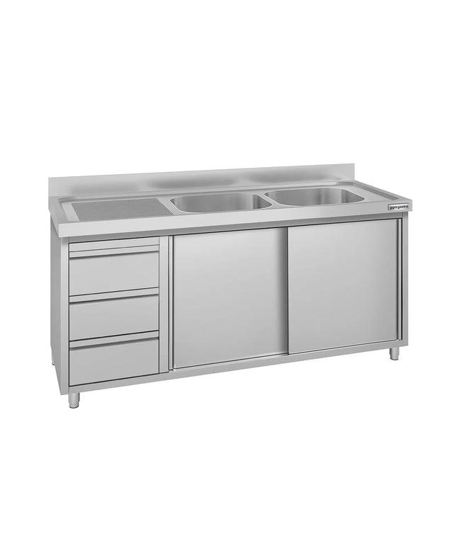 GGM Gastro Commercial Sink Cabinet ECO - 1600x600mm - 2 bowls right-hand - 3 drawers