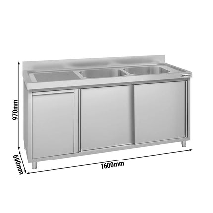 GGM Gastro Commercial Sink Cabinet ECO - 1600x600mm - with waste bin & 2 bowls centre