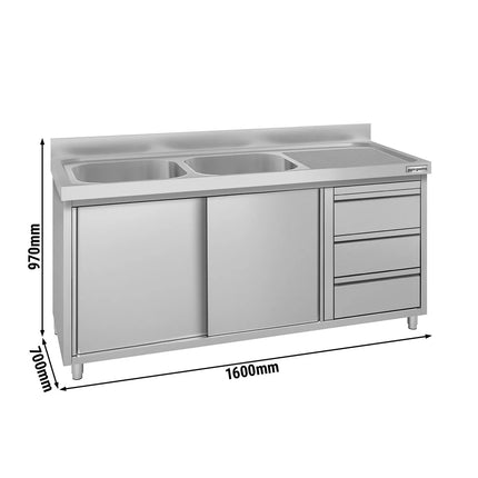 GGM Gastro Commercial Sink Cabinet ECO - 1600x700mm - with 2 bowls left-hand - 3 drawers