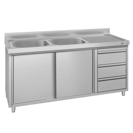 GGM Gastro Commercial Sink Cabinet ECO - 1600x700mm - with 2 bowls left-hand - 3 drawers