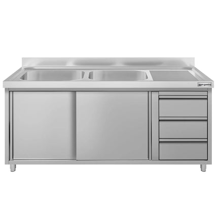 GGM Gastro Commercial Sink Cabinet ECO - 1600x700mm - with 2 bowls left-hand - 3 drawers