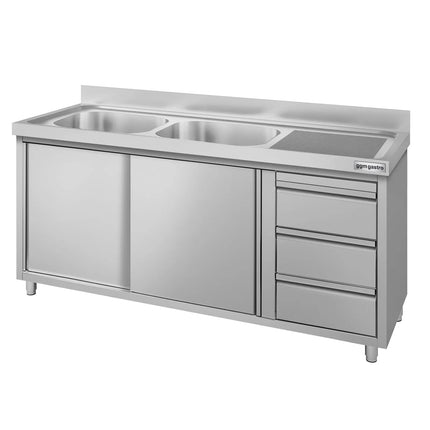 GGM Gastro Commercial Sink Cabinet ECO - 1600x700mm - with 2 bowls left-hand - 3 drawers