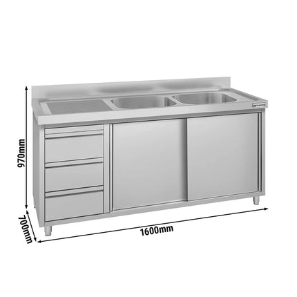 GGM Gastro Commercial Sink Cabinet ECO - 1600x700mm - with 2 bowls right-hand - 3 drawers