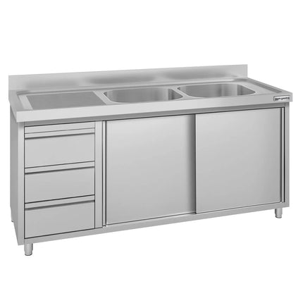 GGM Gastro Commercial Sink Cabinet ECO - 1600x700mm - with 2 bowls right-hand - 3 drawers