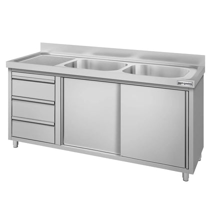 GGM Gastro Commercial Sink Cabinet ECO - 1600x700mm - with 2 bowls right-hand - 3 drawers