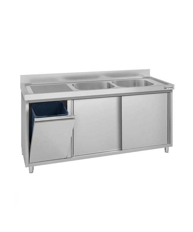 GGM Gastro Commercial Sink Cabinet ECO - 1600x700mm - with waste bin & 2 bowls right-hand