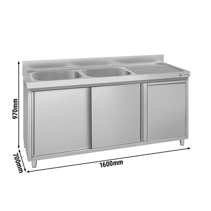 GGM Gastro Commercial Sink Cabinet ECO - 1600x700mm - with waste bin & 2 bowls left-hand