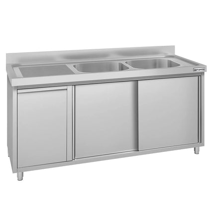 GGM Gastro Commercial Sink Cabinet ECO - 1600x700mm - with waste bin & 2 bowls right-hand