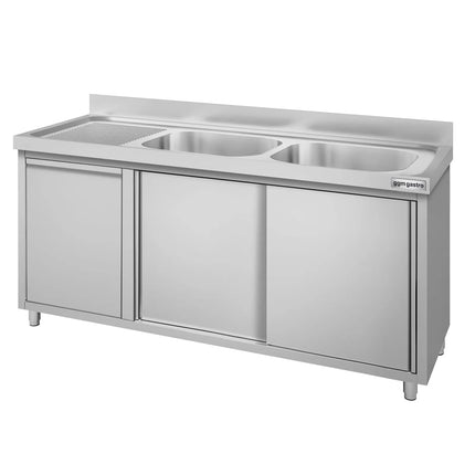 GGM Gastro Commercial Sink Cabinet ECO - 1600x700mm - with waste bin & 2 bowls right-hand