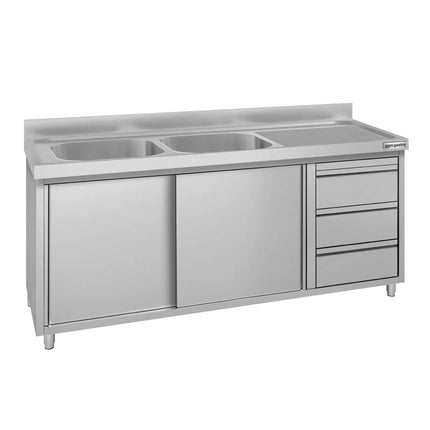 GGM Gastro Commercial Sink Cabinet ECO - 1800x600mm - 2 bowls left-hand - 3 drawers