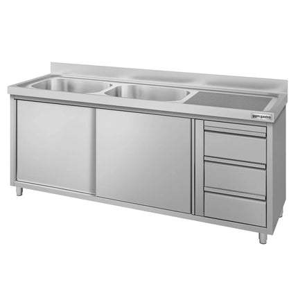 GGM Gastro Commercial Sink Cabinet ECO - 1800x600mm - 2 bowls left-hand - 3 drawers
