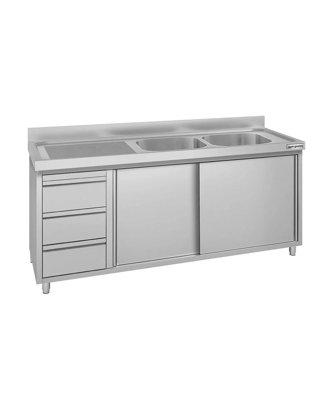 GGM Gastro Commercial Sink Cabinet ECO - 1800x600mm - with 2 bowls right-hand - 3 drawers