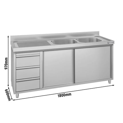 GGM Gastro Commercial Sink Cabinet ECO - 1800x600mm - with 2 bowls right-hand - 3 drawers