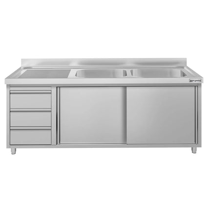 GGM Gastro Commercial Sink Cabinet ECO - 1800x600mm - with 2 bowls right-hand - 3 drawers