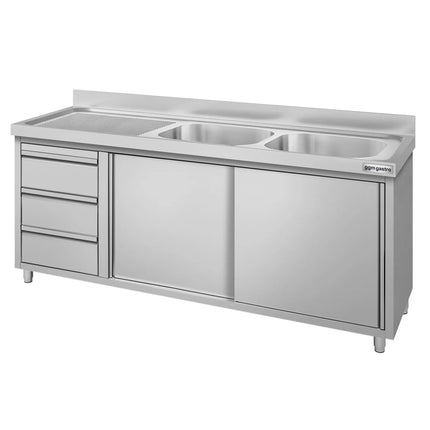 GGM Gastro Commercial Sink Cabinet ECO - 1800x600mm - with 2 bowls right-hand - 3 drawers