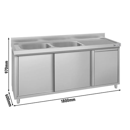 GGM Gastro Commercial Sink Cabinet ECO - 1800x600mm - with waste bin & 2 bowls centre