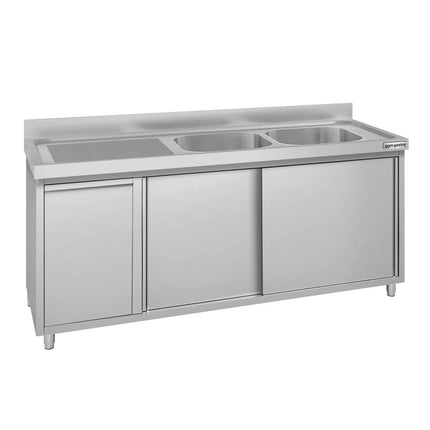GGM Gastro Commercial Sink Cabinet ECO - 1800x600mm - with waste bin & 2 bowls right-hand