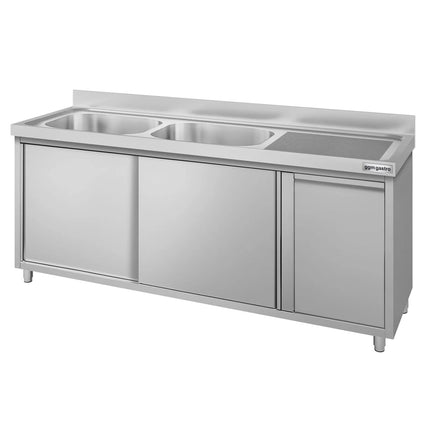 GGM Gastro Commercial Sink Cabinet ECO - 1800x600mm - with waste bin & 2 bowls centre
