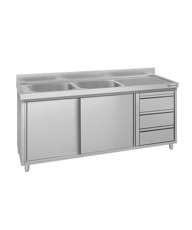 GGM Gastro Commercial Sink Cabinet ECO - 1800x700mm - with 2 bowls left-hand - 3 drawers