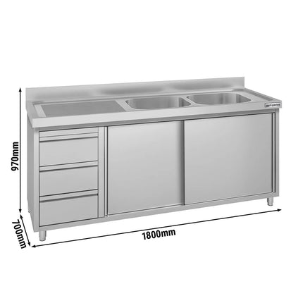 GGM Gastro Commercial Sink Cabinet ECO - 1800x700mm - with 2 bowls right-hand - 3 drawers