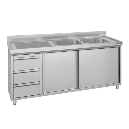 GGM Gastro Commercial Sink Cabinet ECO - 1800x700mm - with 2 bowls right-hand - 3 drawers