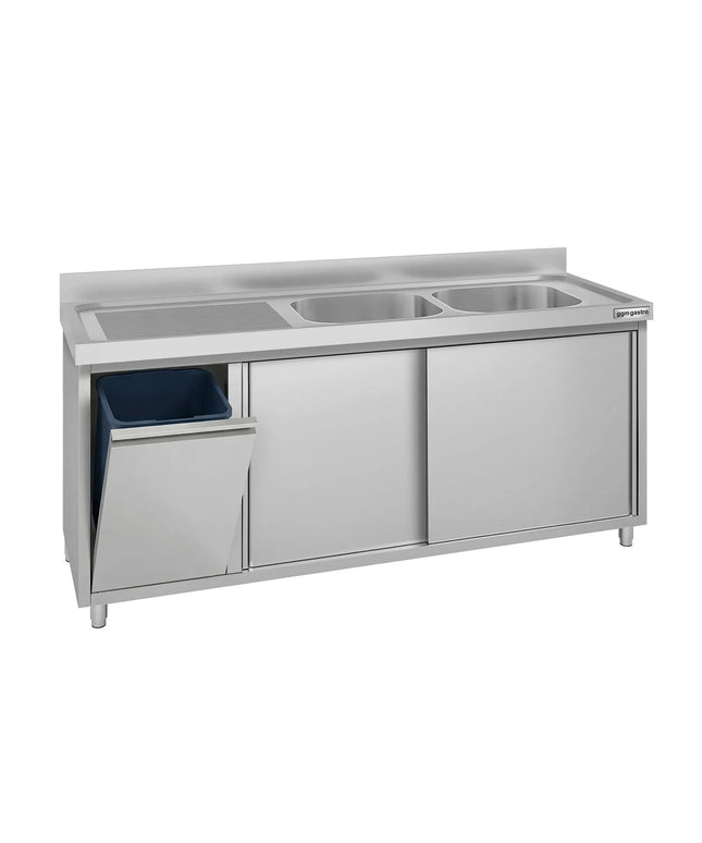 GGM Gastro Commercial Sink Cabinet ECO - 1800x700mm - with waste bin & 2 bowls right-hand