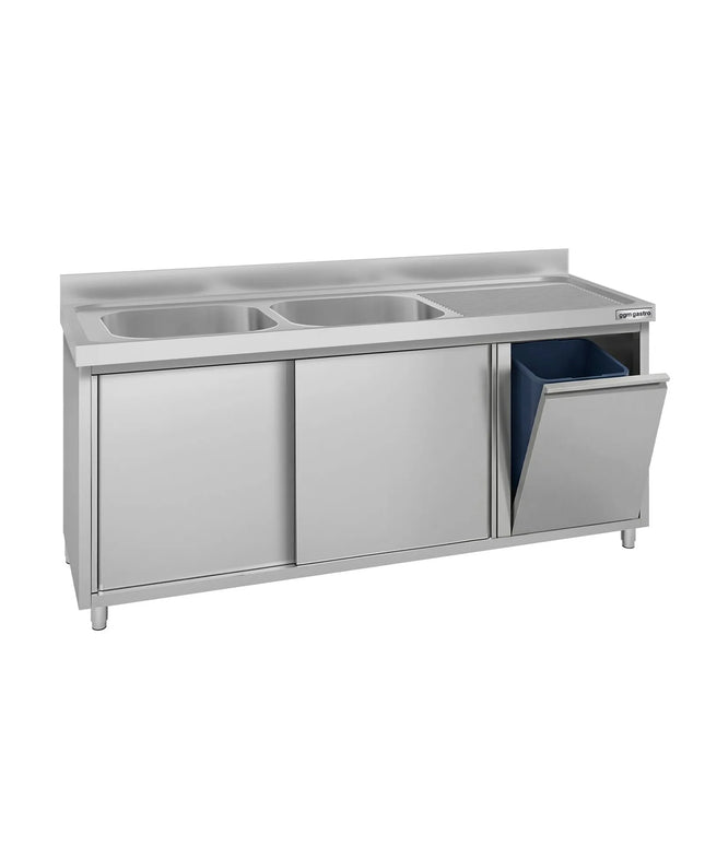 GGM Gastro Commercial Sink Cabinet ECO - 1800x700mm - with waste bin & 2 bowls left-hand