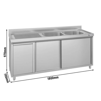 GGM Gastro Commercial Sink Cabinet ECO - 1800x700mm - with waste bin & 2 bowls right-hand