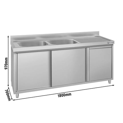 GGM Gastro Commercial Sink Cabinet ECO - 1800x700mm - with waste bin & 2 bowls left-hand