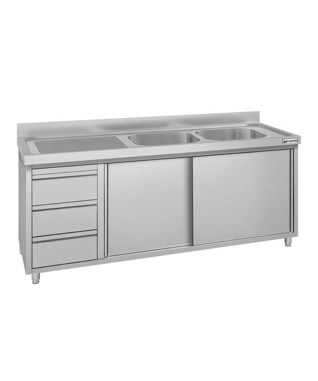 GGM Gastro Commercial Sink Cabinet ECO - 2000x600mm - 2 bowls centre - 3 drawers