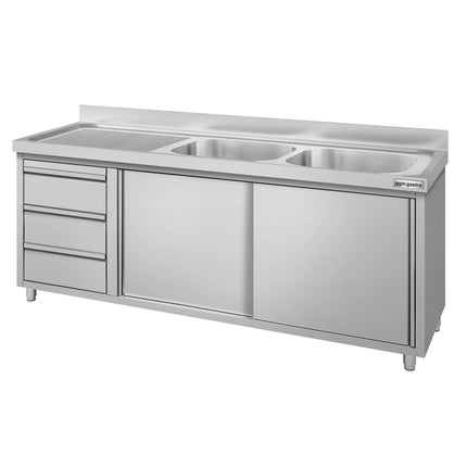 GGM Gastro Commercial Sink Cabinet ECO - 2000x600mm - 2 bowls centre - 3 drawers