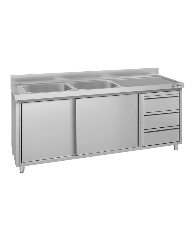 GGM Gastro Commercial Sink Cabinet ECO - 2000x600mm - 2 bowls left-hand - 3 drawers