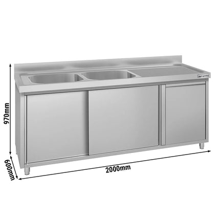 GGM Gastro Commercial Sink Cabinet ECO - 2000x600mm - with waste bin & 2 bowls centre