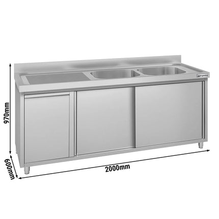 GGM Gastro Commercial Sink Cabinet ECO - 2000x600mm - with waste bin & 2 bowls right-hand