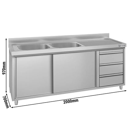 GGM Gastro Commercial Sink Cabinet ECO - 2000x700mm - 2 bowls left-hand - 3 drawers