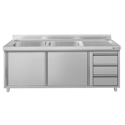 GGM Gastro Commercial Sink Cabinet ECO - 2000x700mm - 2 bowls left-hand - 3 drawers