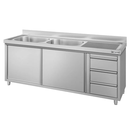 GGM Gastro Commercial Sink Cabinet ECO - 2000x700mm - 2 bowls left-hand - 3 drawers